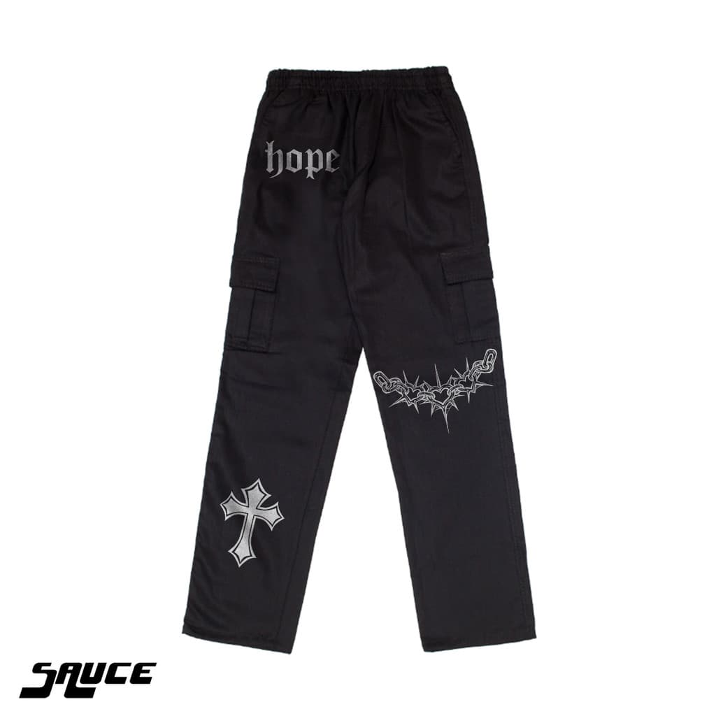 Calça Cargo Hope Com Coroa De Espinhos E Cruz Sarja Streetwear Unisex