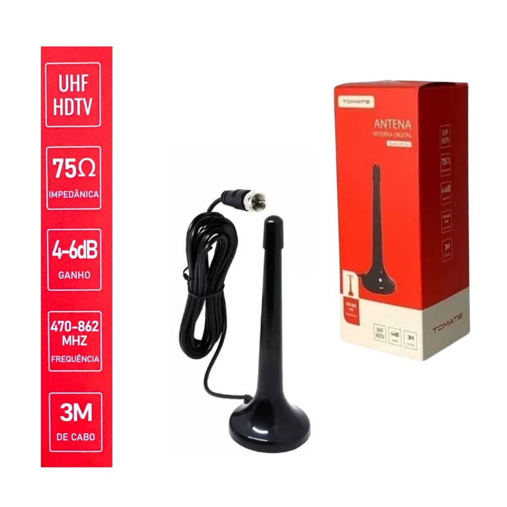 Mini Antena Digital Interna para TV HDTV Uhf vhf 3 metros Base magnética Tomate SINAL DIGITAL
