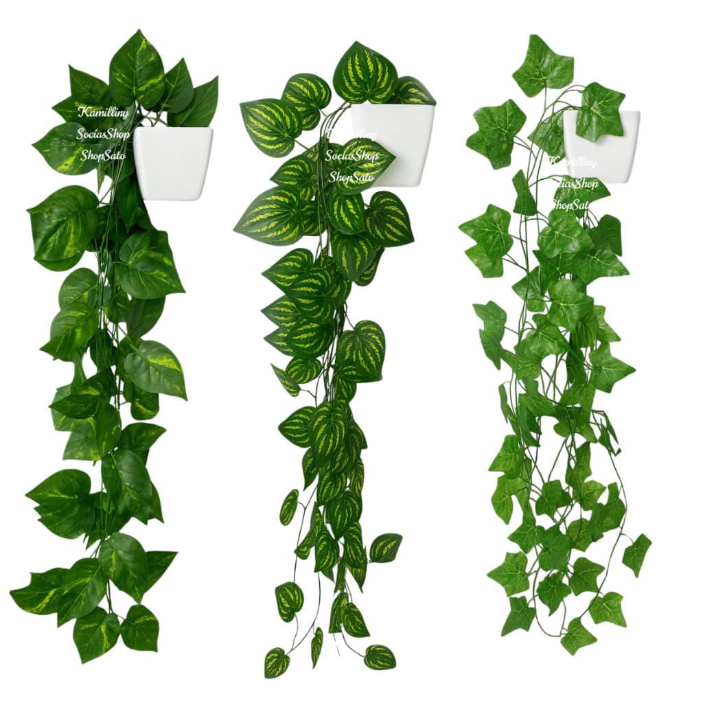 3 Hera Artificial Pendente + Vaso Branco quadrado G – Kit Arranjo Completo Elegante e Natural Decoração