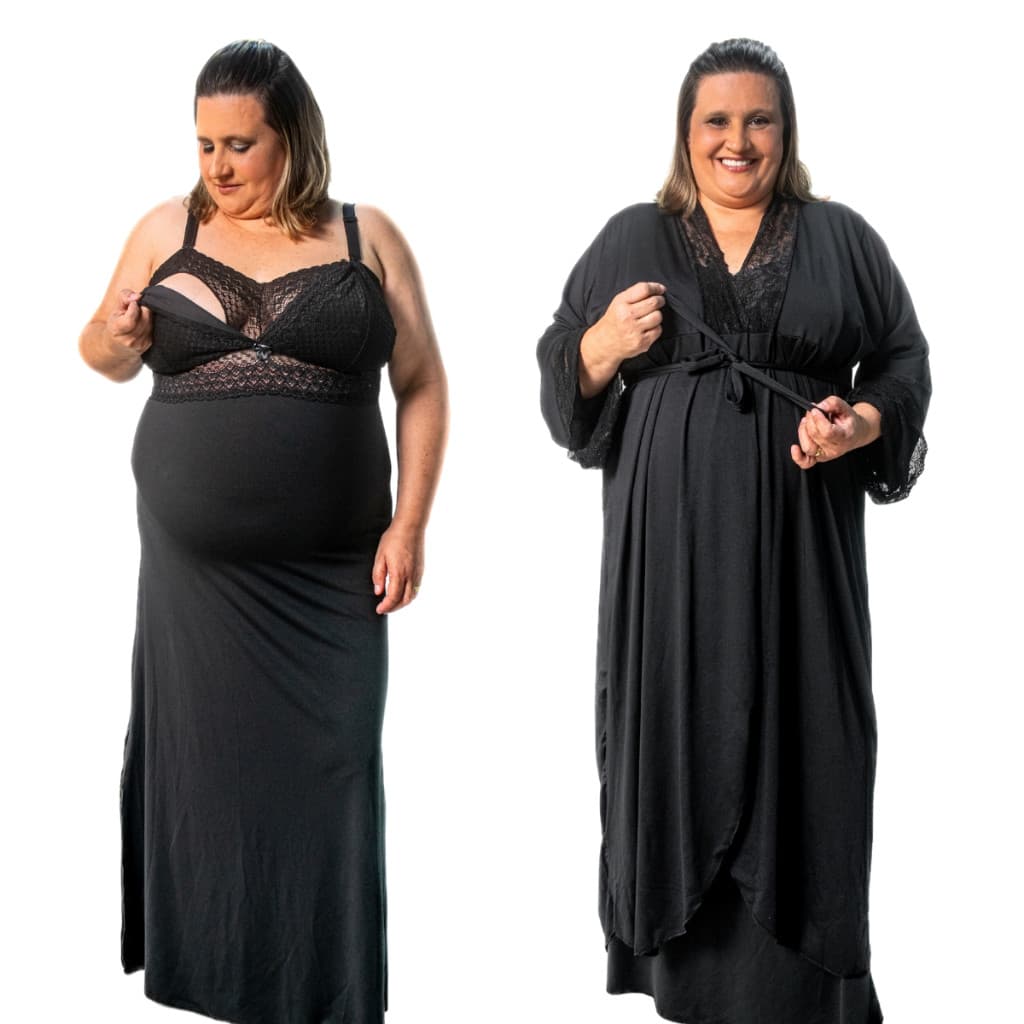 Kit Maternidade Robe e Camisola Amamentação Longo Plus Size Gestante Pós-Parto