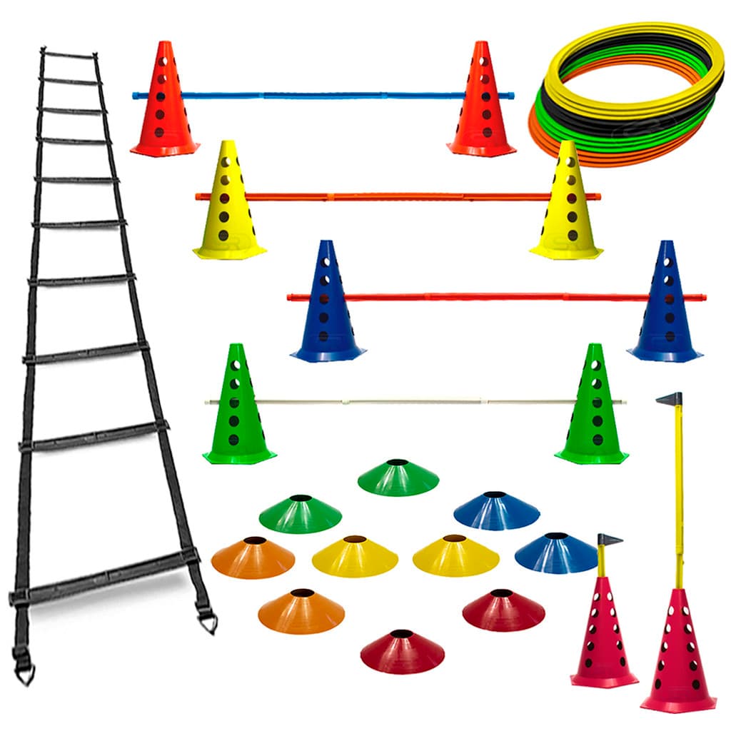 10 Cones Com 5 Barreiras + 10 Pratos Agilidade + 12 Argolas Com Bolsa + Escada Rígida Funcional