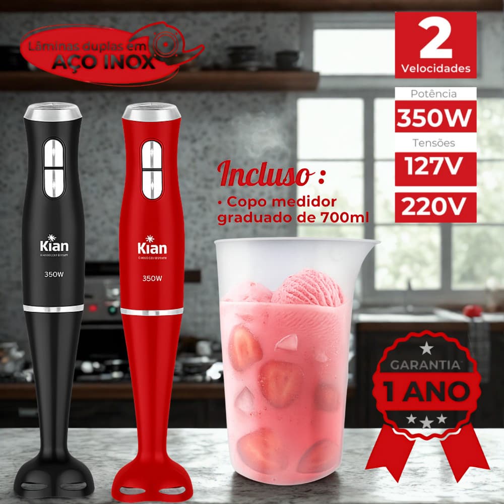 Mixer Elétrico Kian 350W 2 Velocidades com Copo 700ml Preto ou Vermelho 127V ou 220V