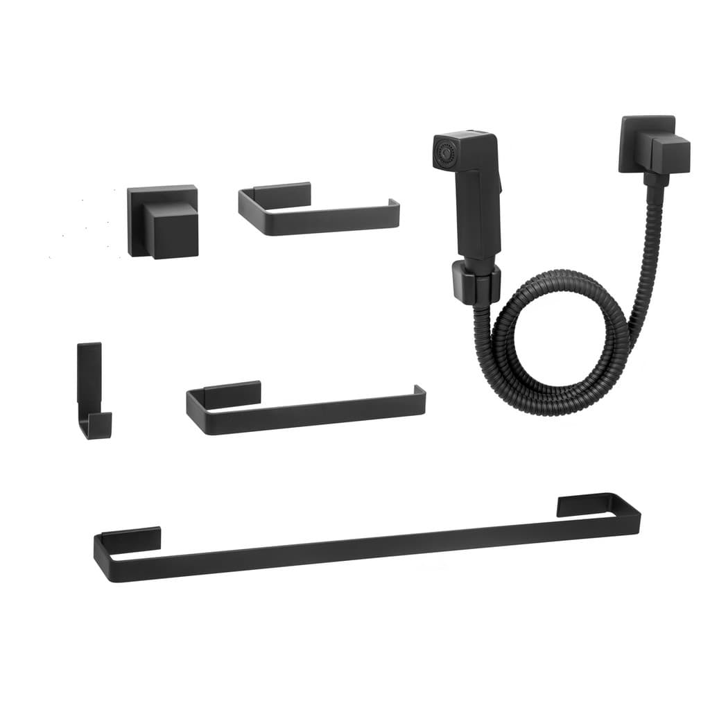 Kit Acessórios Para Banheiro Quadrado Preto + Ducha Higiênica Preta + Acabamento Quadrado Deca Preto