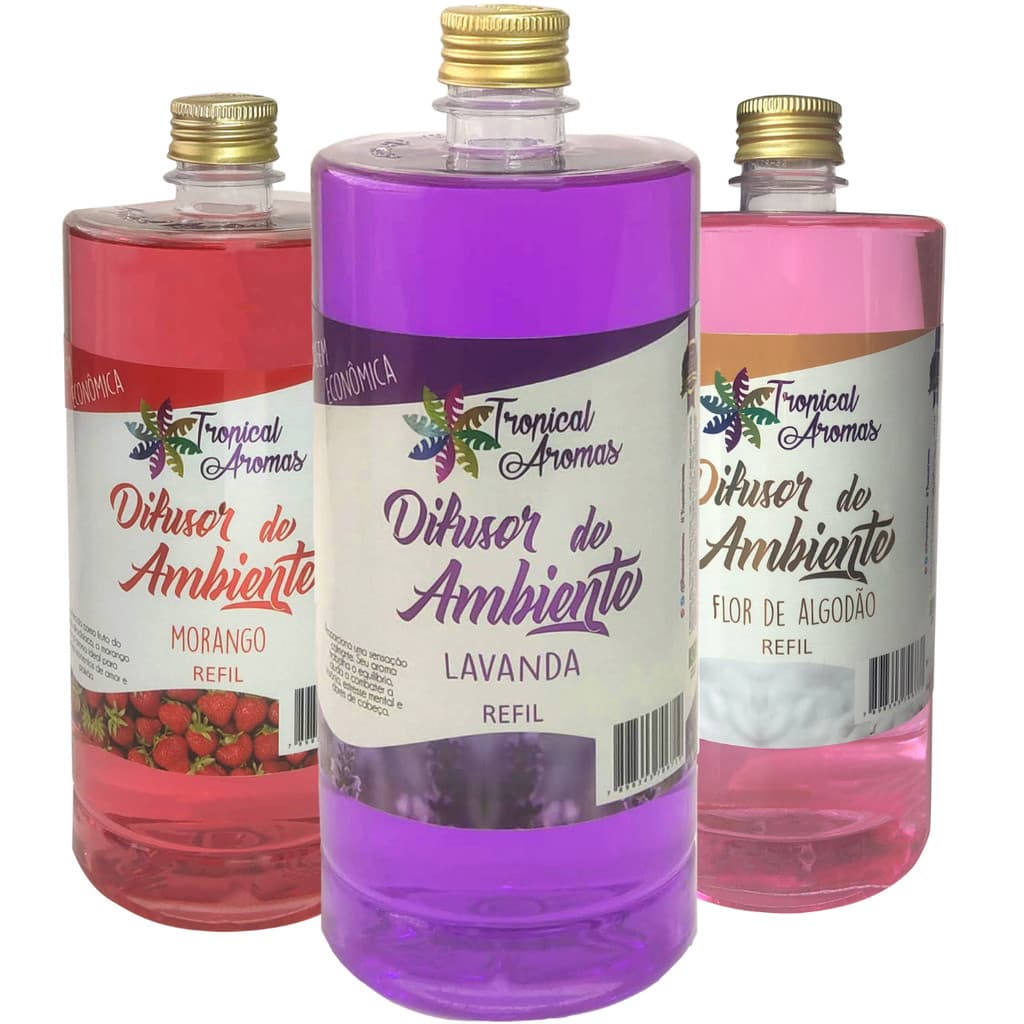 Kit Refil Difusor de Ambiente Morango Lavanda Flor de Algodão 1L Tropical Aromas