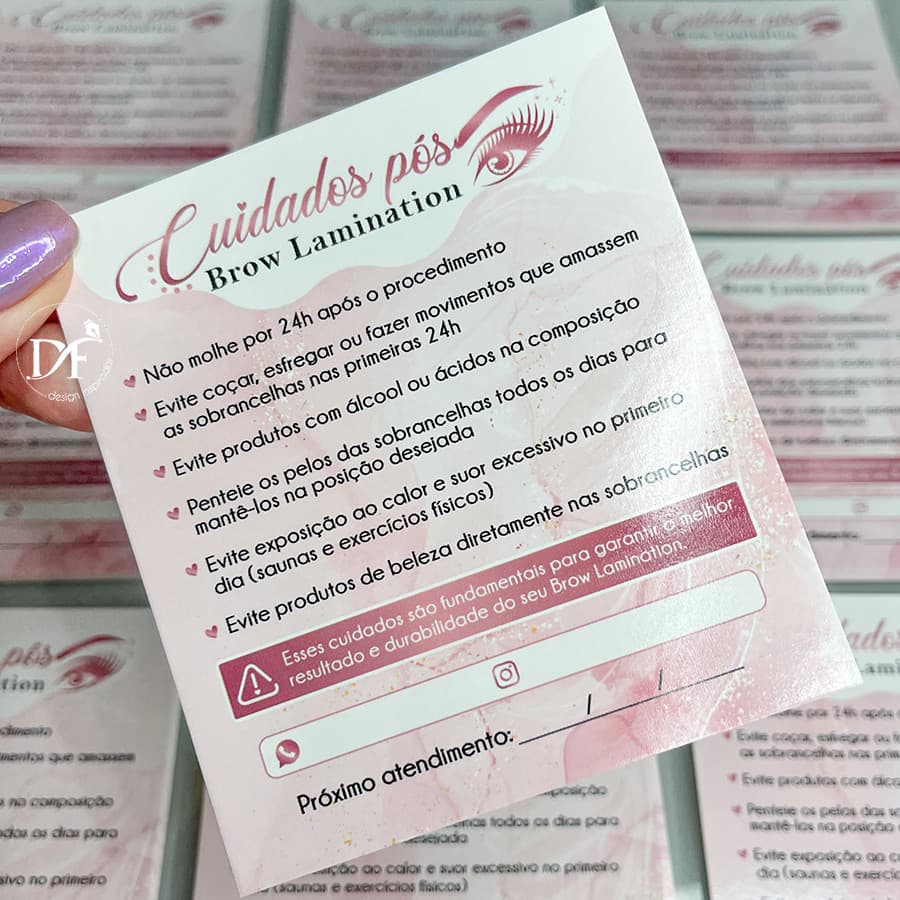 Cartão de Cuidados com o Brow Lamination - Sombrancelhas  25 ou 50 unid.
