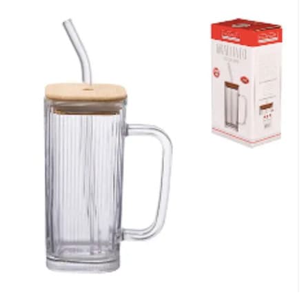 Copo com Canudo em Vidro e Tampa de Bambu Hauskraft Graffiato - Capacidade 290ml