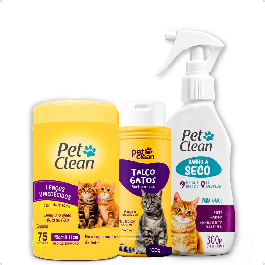 Kit Banho a Seco Gatos 300ml Pet Clean + Lenço Umedecido Gato 75 unids + Talco Pet Clean 100g Gatos