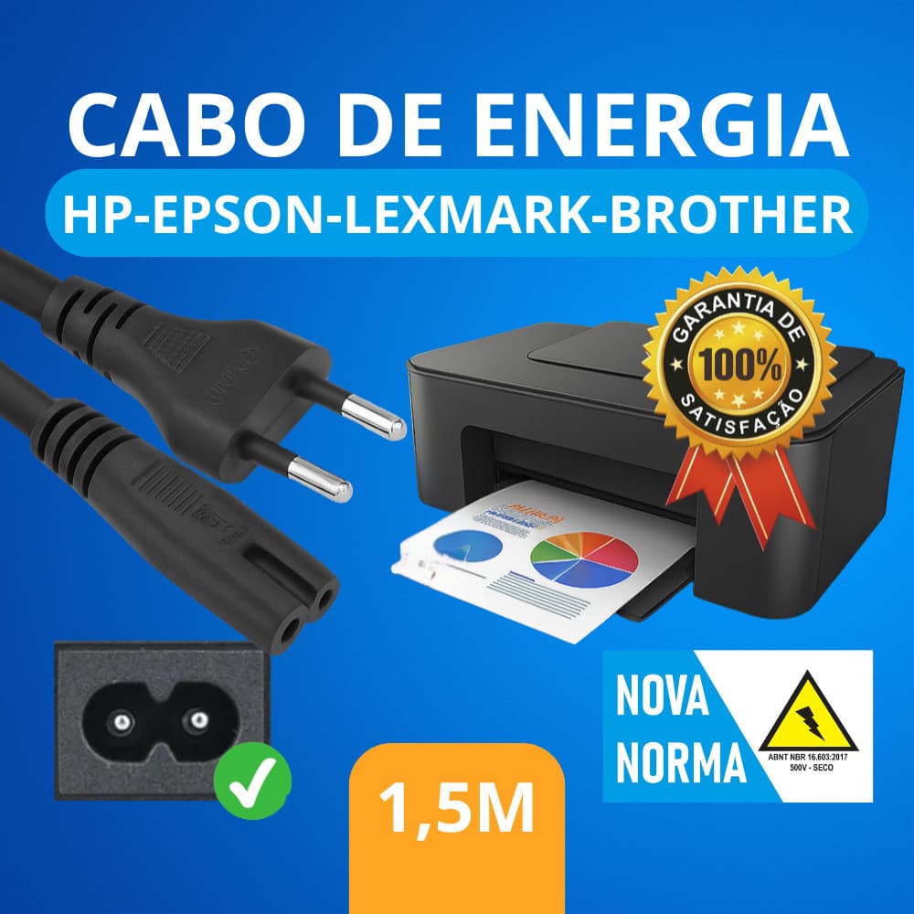 Cabo de Energia 2 Pinos p/ Impressora HP Epson Canon Lexmark – 1,5m Preto Padrão Novo