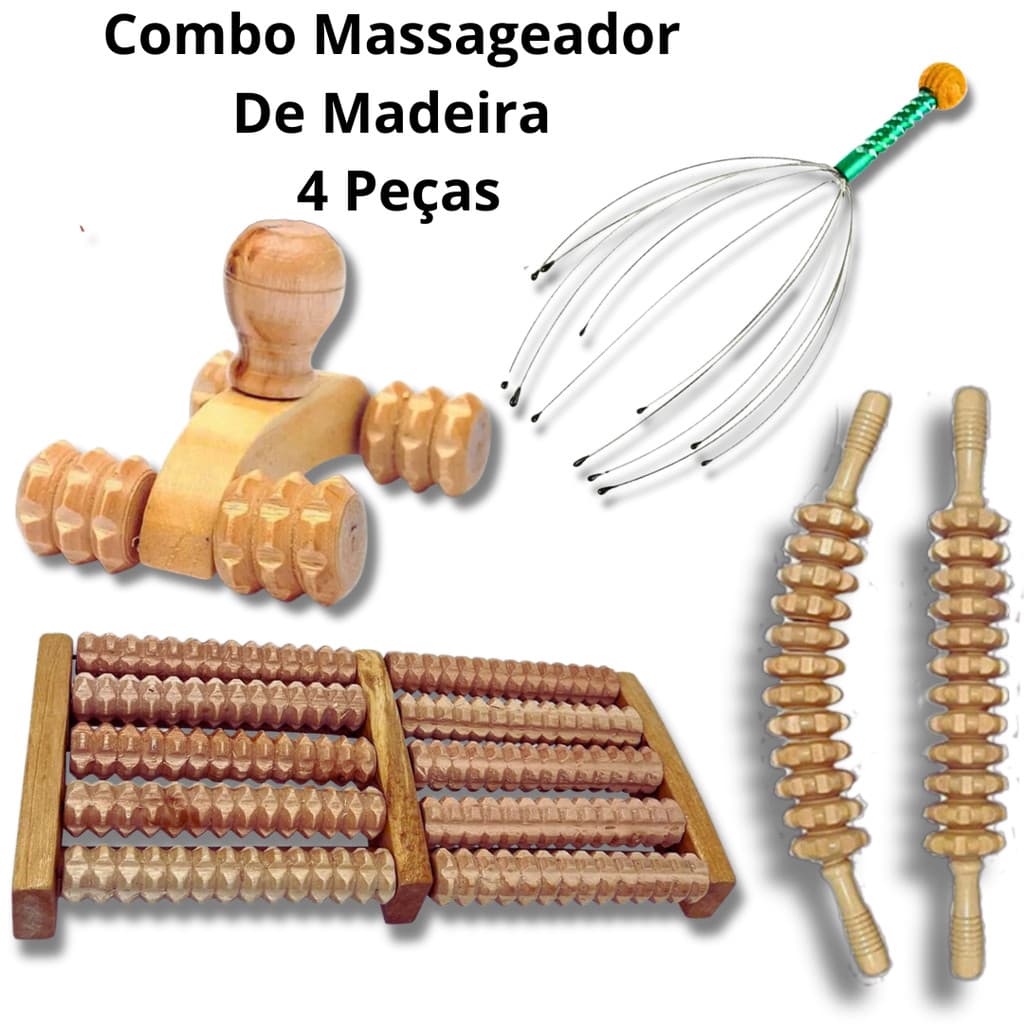 Combo massageador Rolo Bastao Massageador + Massageador Manual para Pes + massageador para cabeça + carrinho massageador
