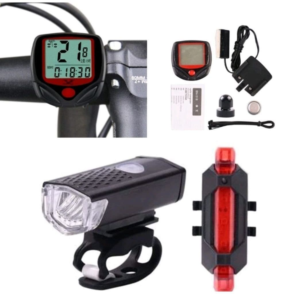 Kit Lanterna E Farol Bicicleta Bike Luz Ultra Led A Prova D'agua E Velocímetro ]Digital  à Prova D'água mt2255 mt039