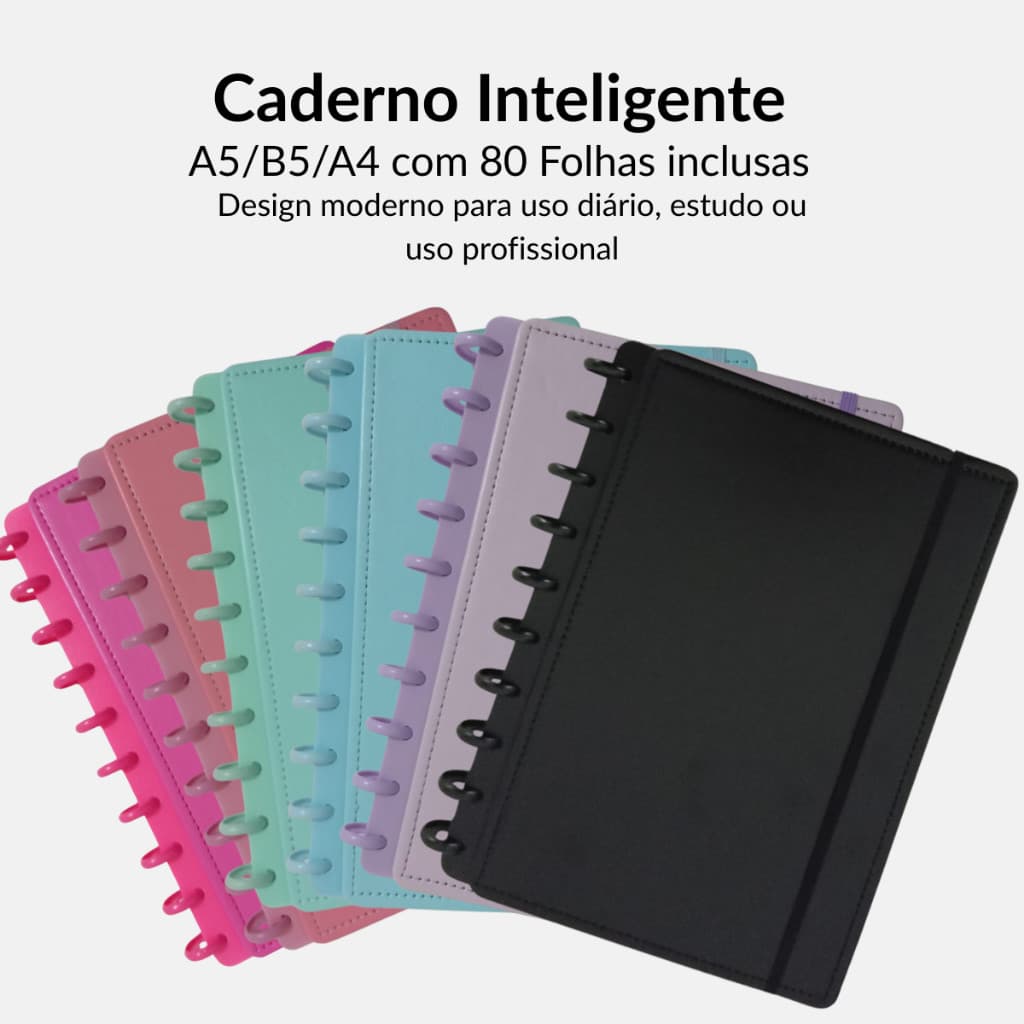 Caderno Inteligente A5/B5/A4 com Discos e Folhas Reposicionáveis Estudo Trabalho