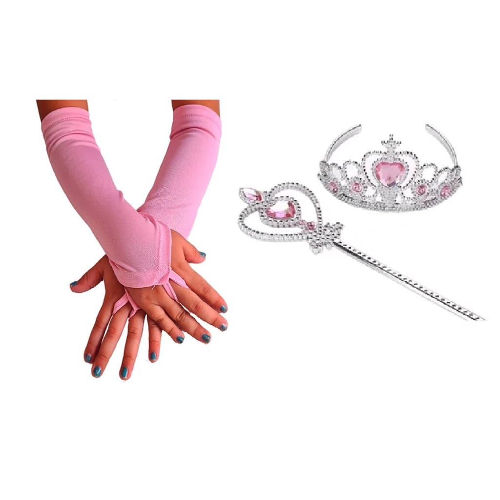 Kit Luva Luvas Rosa Coroa e Varinha Princesas Festas Fantasia