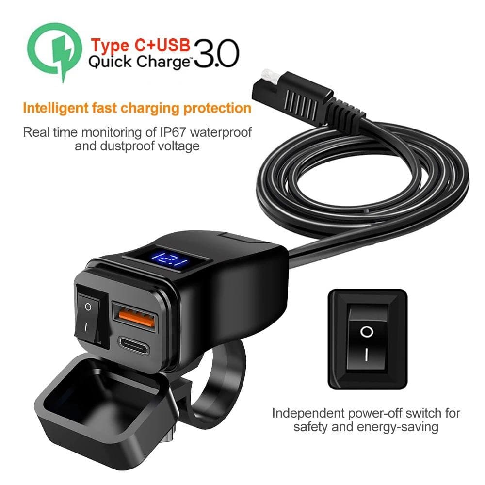 60W PD QC3.0 Motocicleta USB Carregador Rápido 60W Guiador Dupla Tomada Com Interruptor Voltímetro À Prova Dwaterproof Água 12V Adaptador De Fonte De Alimentação
