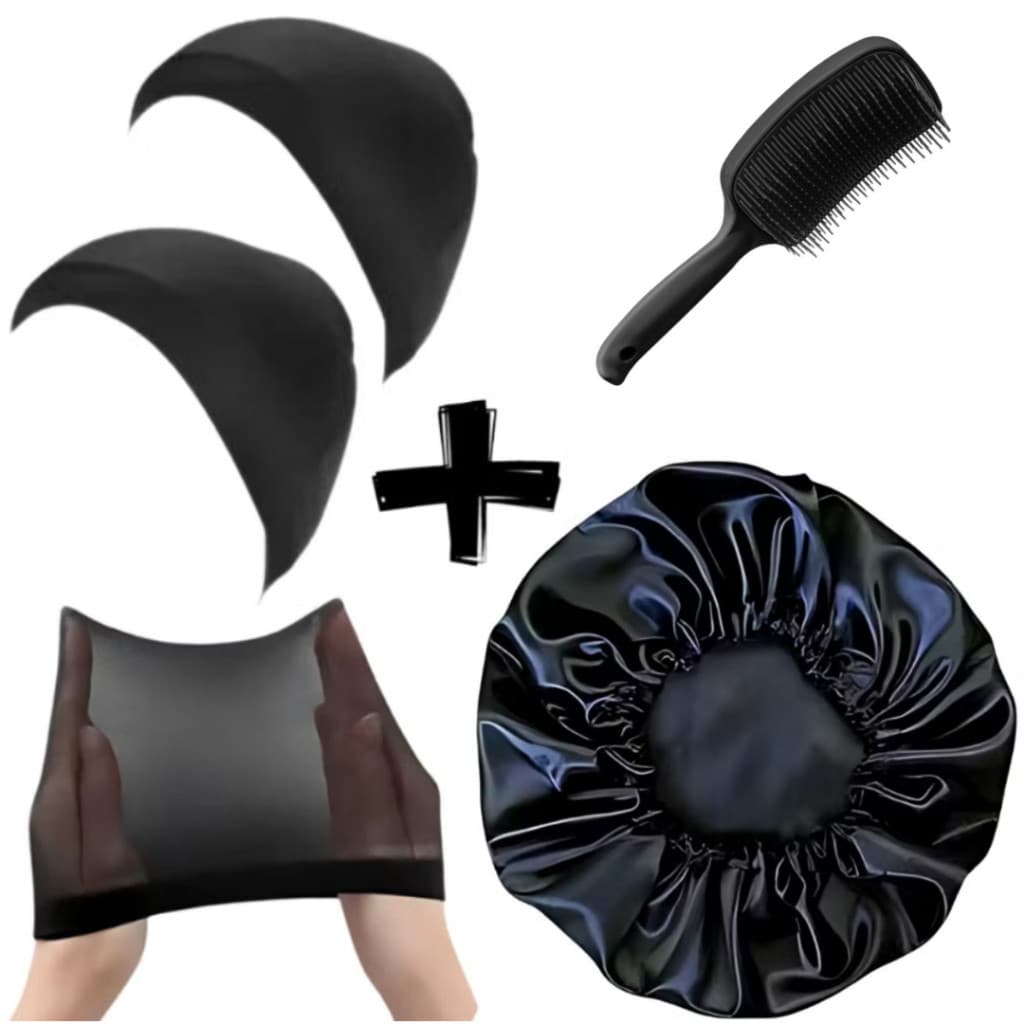 kit 2 touca nero - 1 touca cetim - anti frizz - 1 escova raquete - CORES SORTIDAS