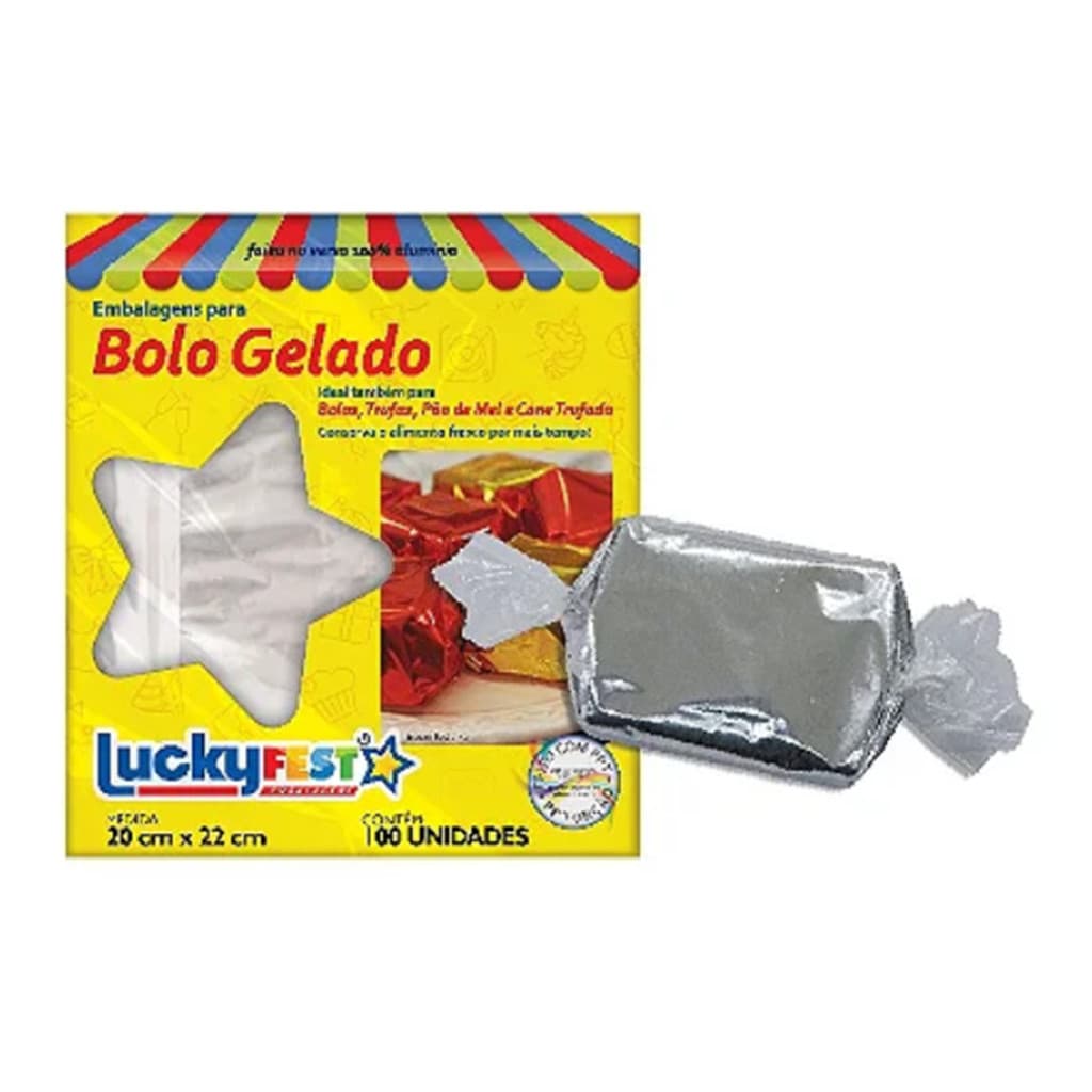 100 Embalagens Laminada prata Bolo Gelado 20x22cm torção lucky fest