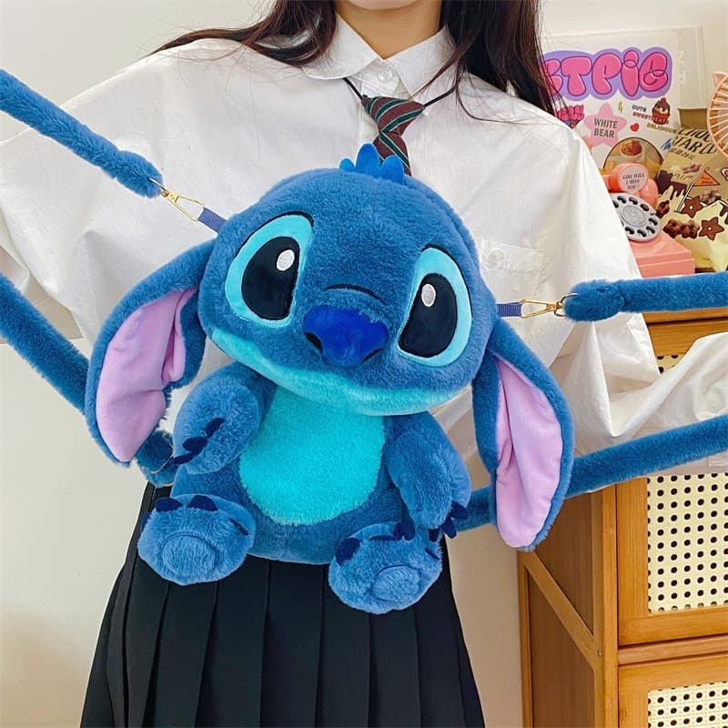 Mochila de Pelúcia Stitch-Alças Ajustáveis, Pode Virar Bolsa de Ombro, Zíper Invisível e Super Fofa