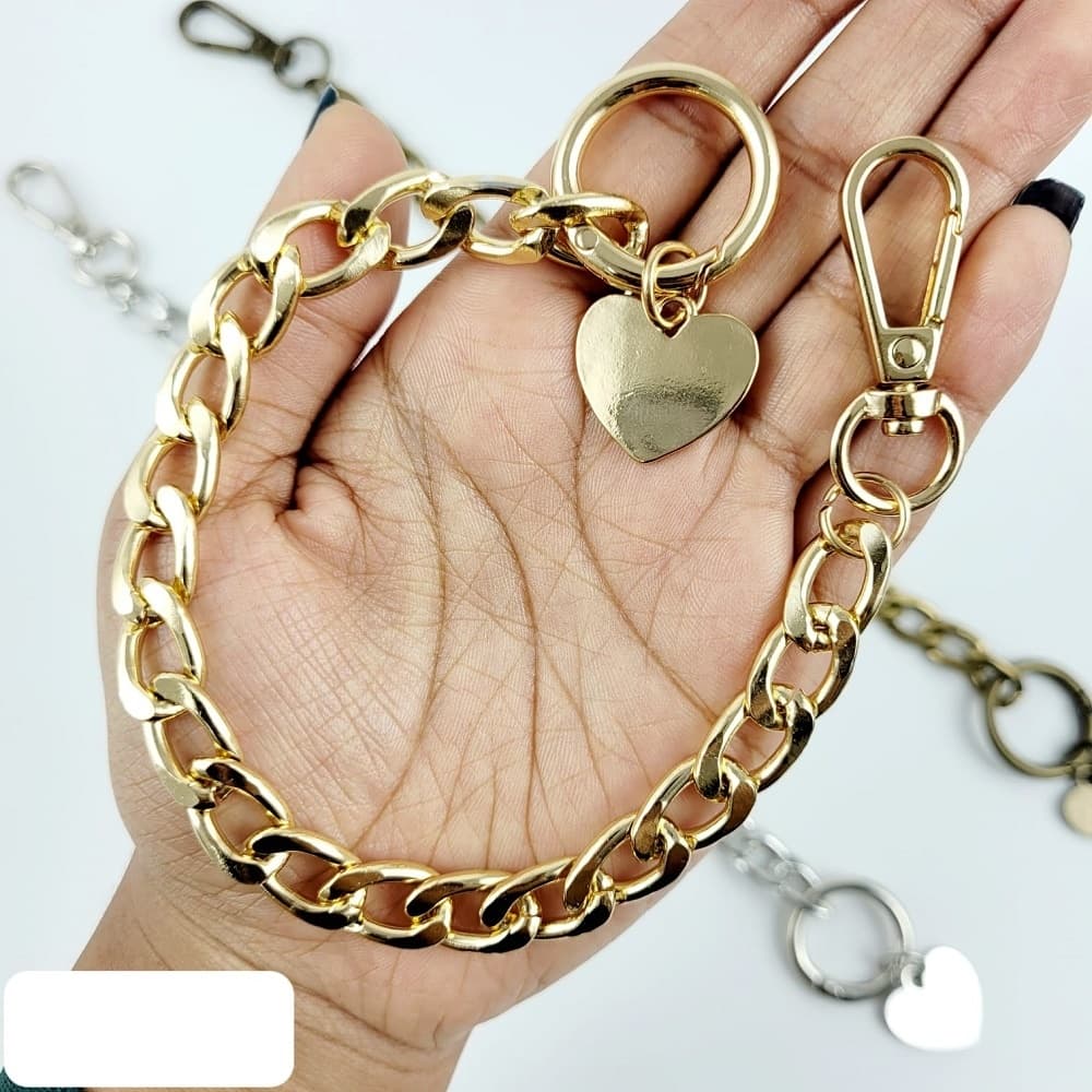 Alça de Bolsa Tipo Corrente com Mosquetão e Argola Articulada + Pingente de Coração Dourada
