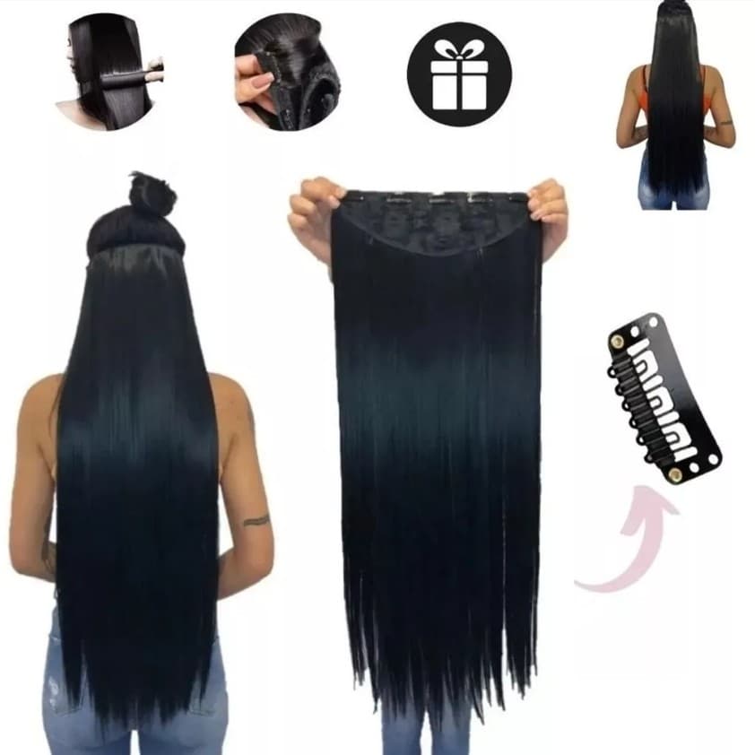 Extensão de Cabelo Preto em Fibra Orgânica ZENG Liso Com Aplique Tic Tac Para Volume(Tem)