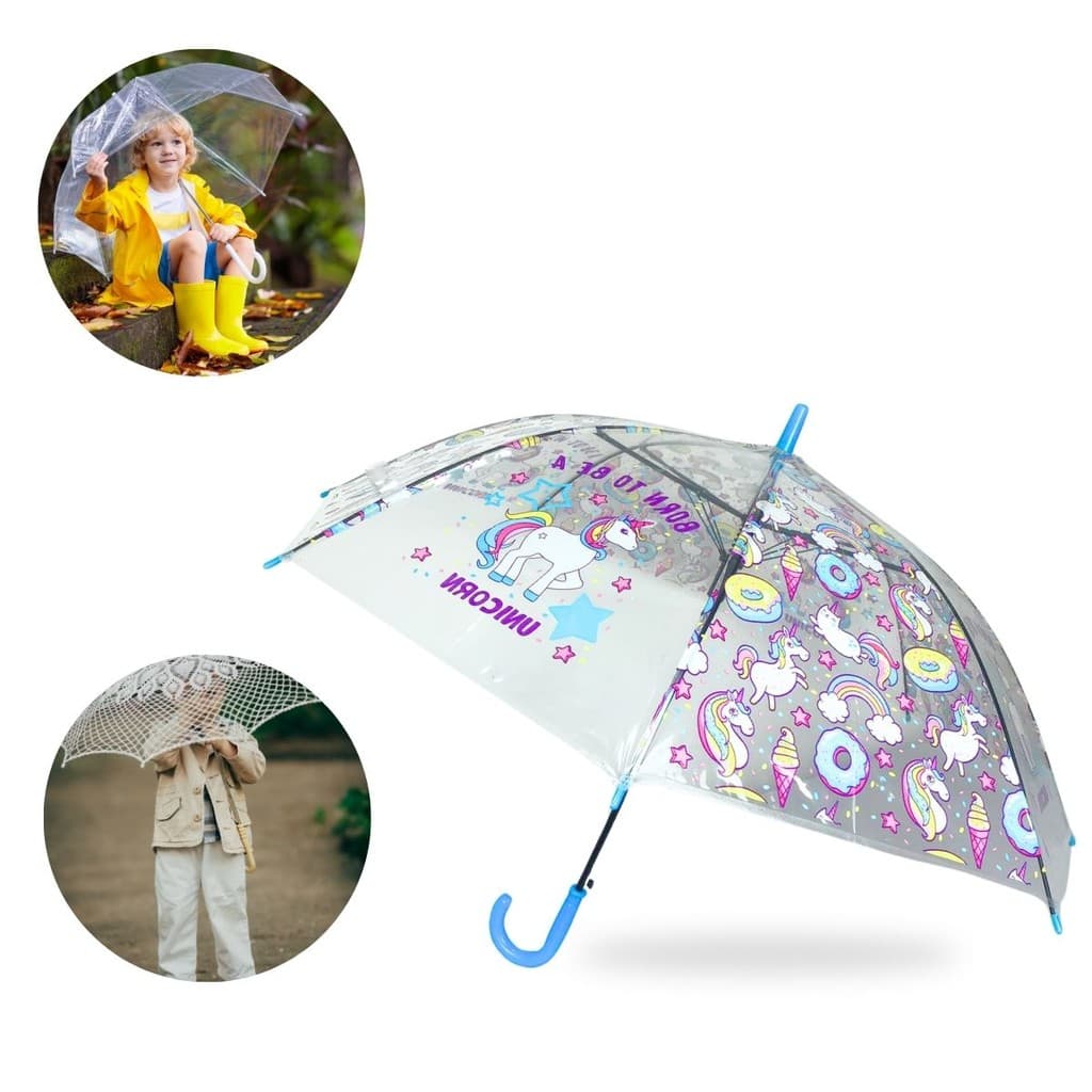 Guarda Chuva Cúpula Infantil Transparente com Unicórnio Super Proteção