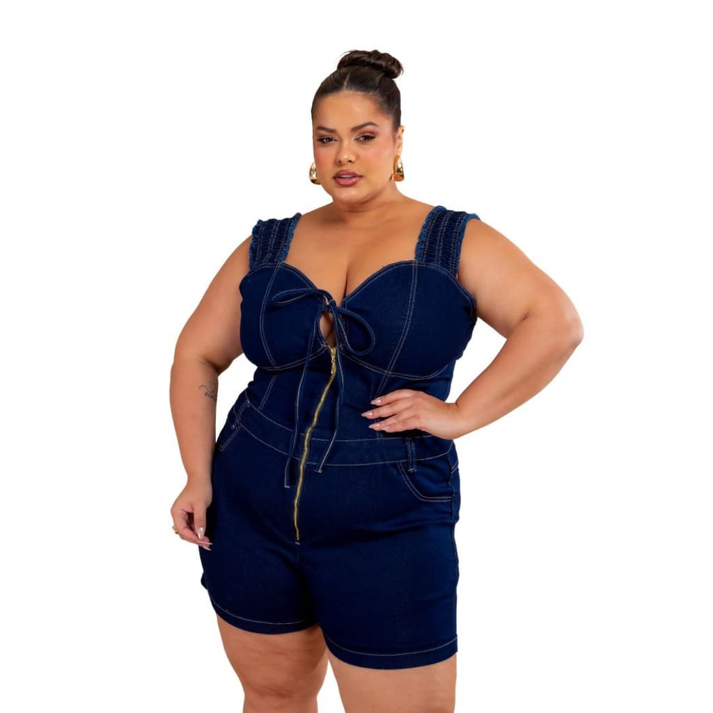 Macaquinho Jeans Plus Size Feminino (46 ao 54) Premium Elastano Alça Larga e Zíper Frontal