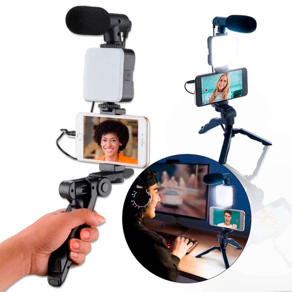 Kit de Gravação 5 em 1 para Celular Tripé Led Microfone e Controle Remoto