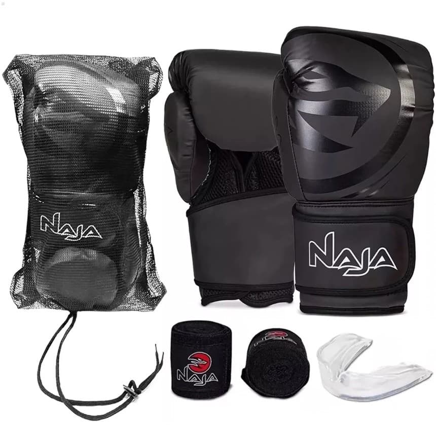 Kit de Treino Naja Black Line com Luvas Boxe e Muay Thai Bandagem Bolsa e Protetor Bucal