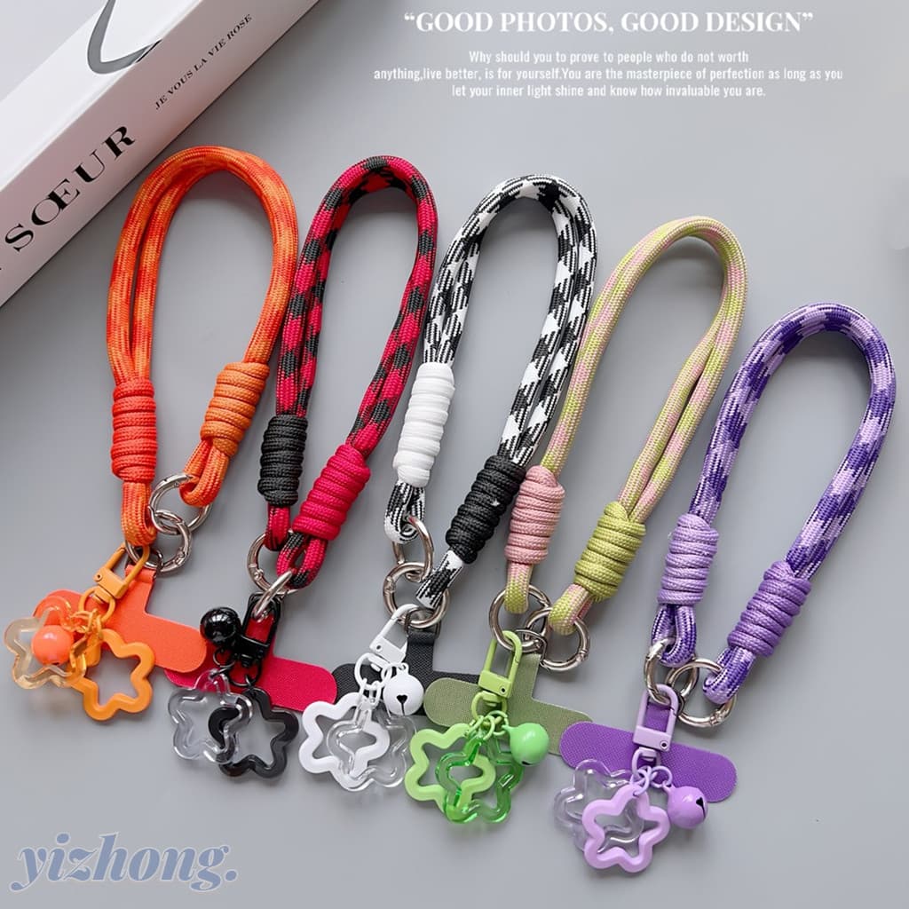 Alça De Telefone Com Cartão Moda Contraste Cor Tecer Design Estrela Sino Decoração Corrente Curta Pingente Mochila Cordã