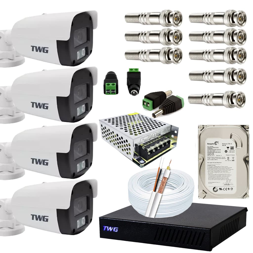 KIT 4 CÂMERAS TWG FULL COLOR BULLET PLÁSTICA + KIT INSTALAÇÃO CFTV SEGURANÇA RESIDENCIAL E COMERCIAL