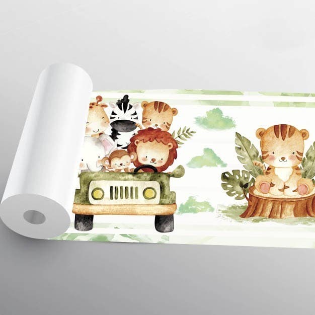 Papel de Parede Border Safari Verde Infantil Menino e Menina Animais Faixa Lavável 1.10 X 15 CM