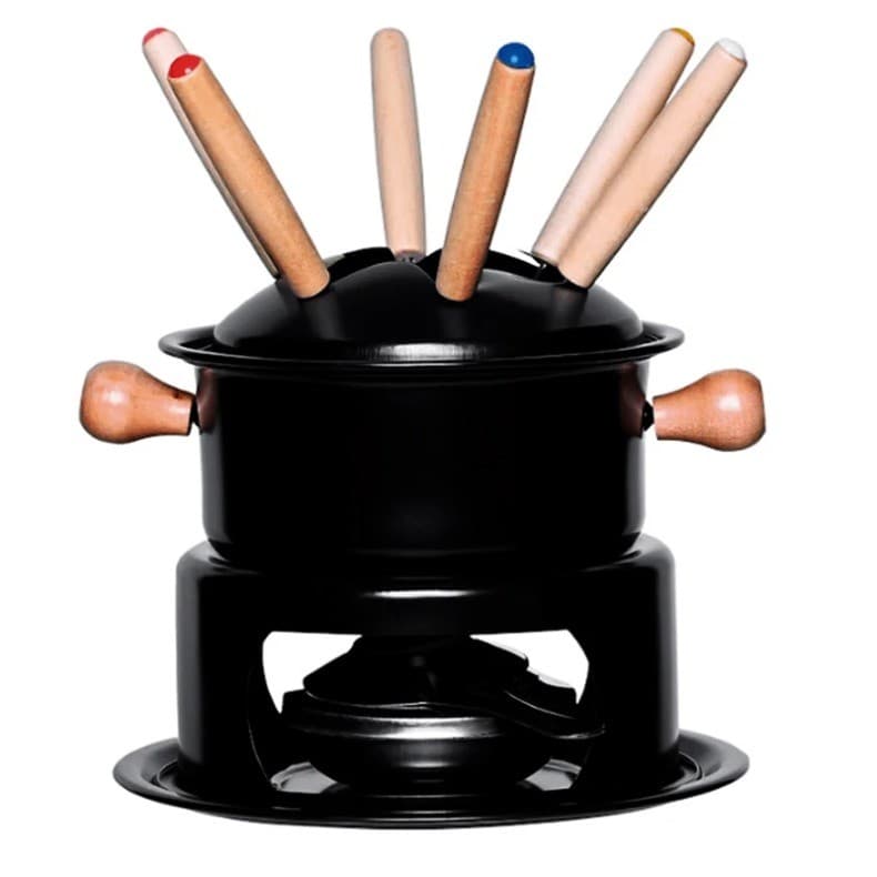 Conjunto Fondue Preto Inox para Fondue Queijo Chocolate Em Casa Festas Românticas