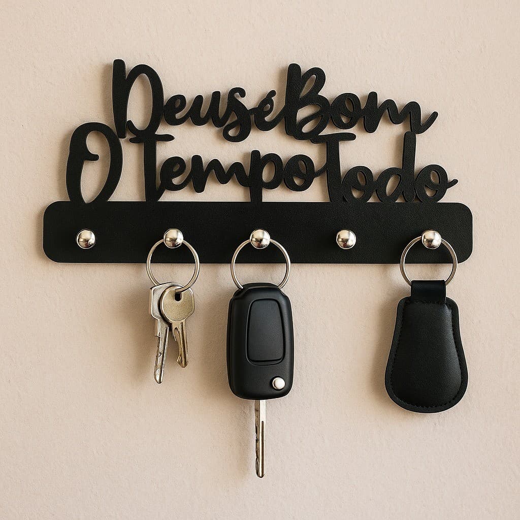 Porta Chaves de Parede Decorativo Multiuso em MDF 3mm Preto Deus é Bom o Tempo Todo Envio Imediato