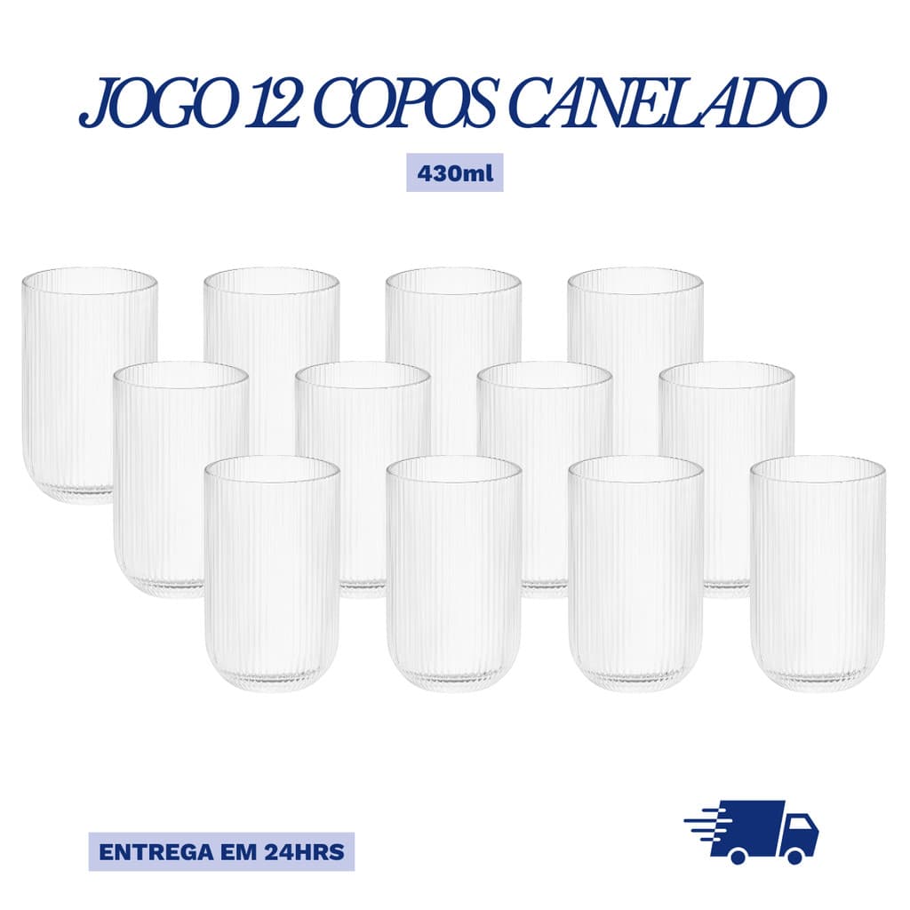 Jogo de 12 Copos Vidro Canelado 430ml Transparente Frisado Elegante e Resistente Taça Água Suco