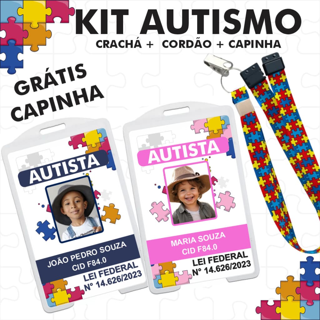 Kit Completo Crachá autismo + cordão quebra cabeça  com trava de segurança + capinha protetora