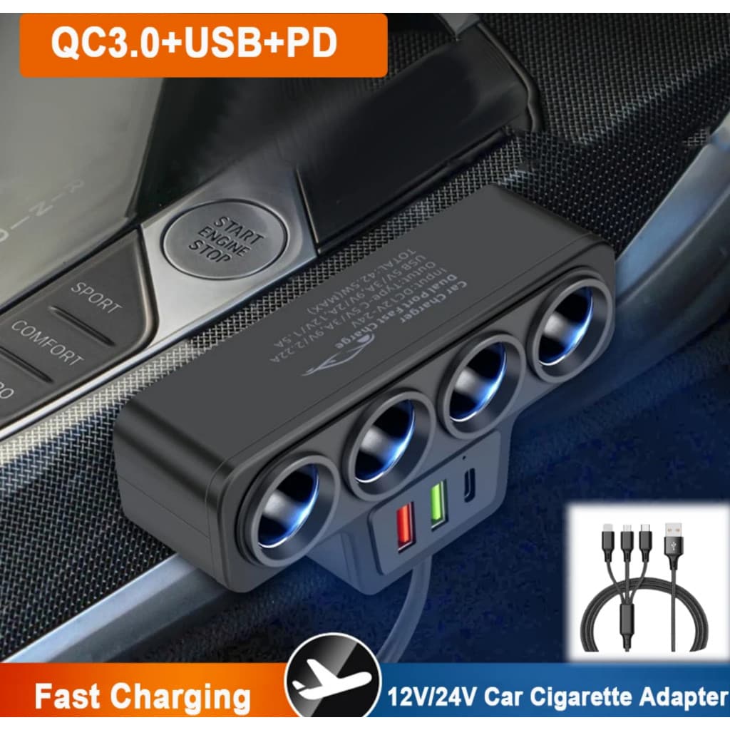 Adaptador De Isqueiro De Carro 120W 4 Em 1 12V/24V Tomada USB QC3.0 PD3.1A Carregador Rápido Para Plugue De Conversão De Energia Carga Rápida Todos Os Telefones