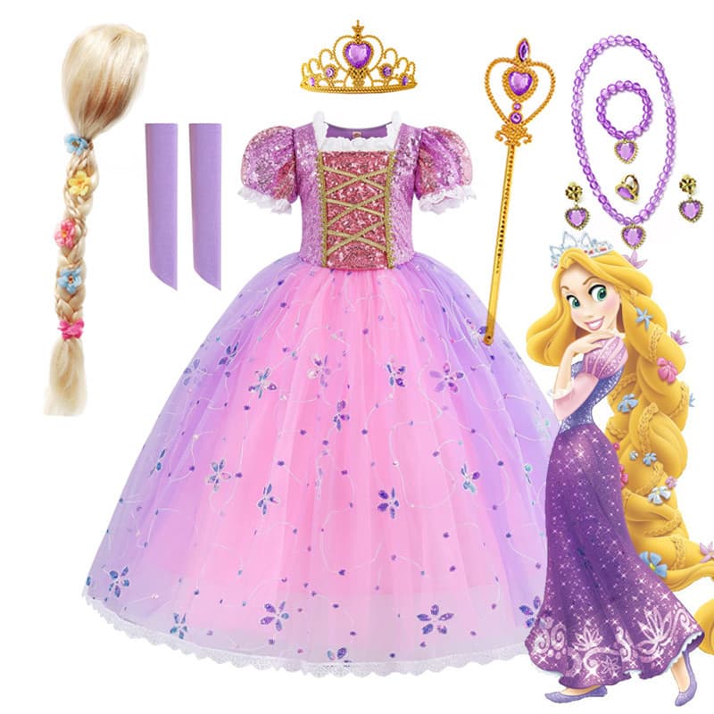 Rapunzel Princesa Vestido Meninas Roxo Puff Manga Lantejoulas Halloween Cosplay Cabelo Longo Traje Vestidos