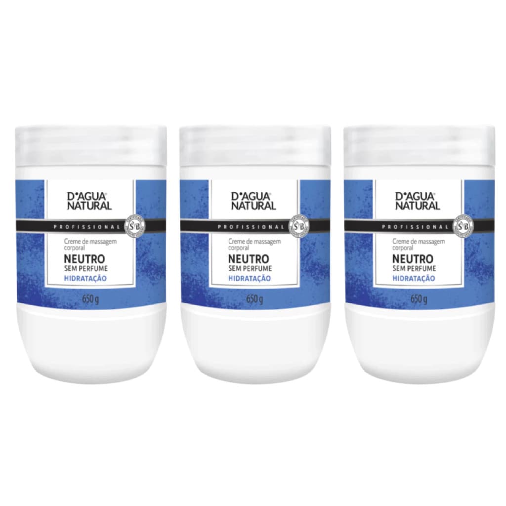 Creme Massagem D'agua Natural Corporal Neutro Profissional 650g Kit Com 3