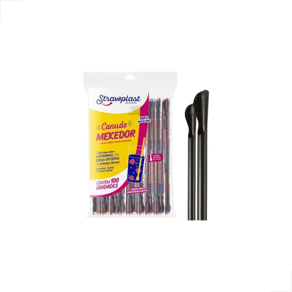 Canudo Plástico Mexedor Colher p/Drinks e Bebidas Preto c/100un - Strawplast