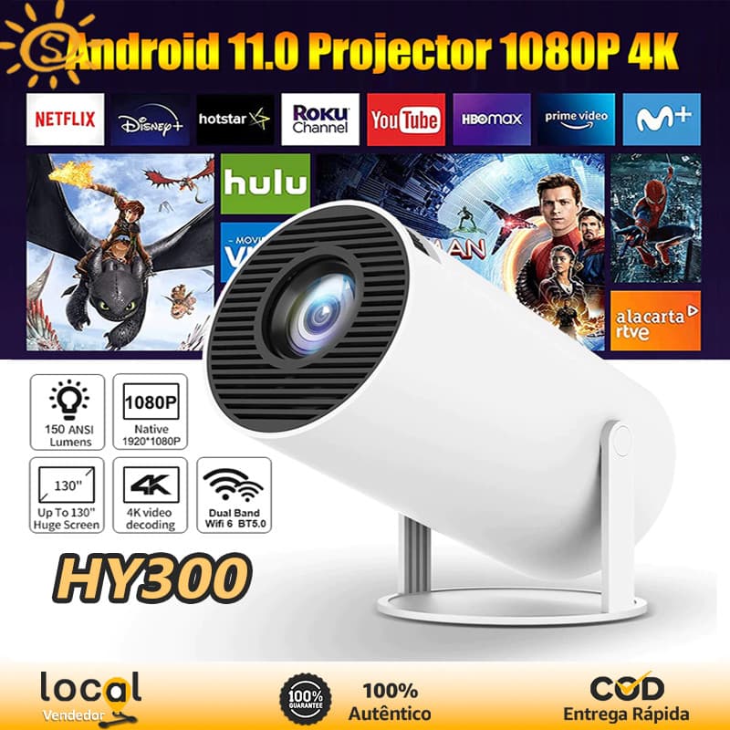 HY300 Projetor 4K HD 150 Alta Definição  Polegadas Compatível com Celular, TV Box, Xbox, PS5, PC (WiFi e Bluetooth)