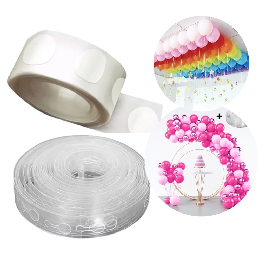 Fita Arco 5m + 100 Colas para Fixar Balão em Superfícies - Kit Festa