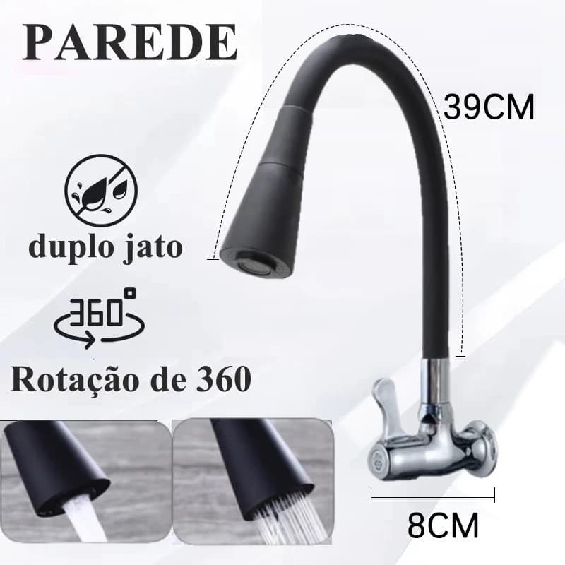 Torneira Parede Cozinha Gourmet Preta Flexivel 2 Jatos 1/4 de Volta Para Mesa Pia Bancada e Mármore -Techo Pro