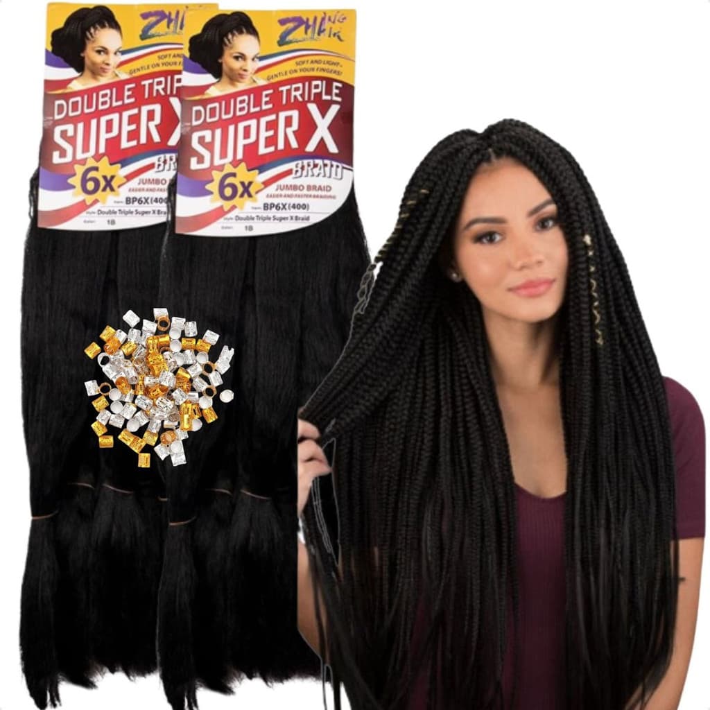 Kit 2 Pacotes Cabelo Jumbo Super X Para Tranças 400g + Anéis