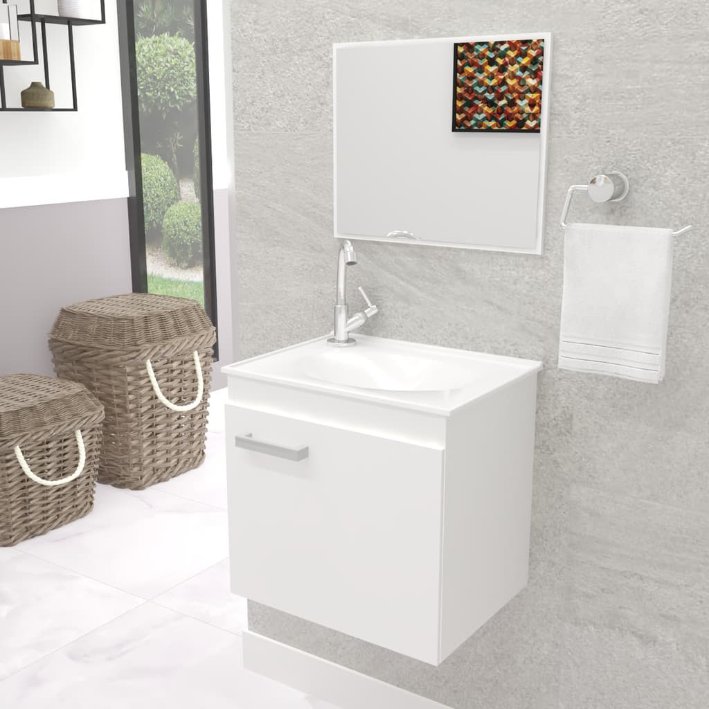 Gabinete Armário Balcão Para Banheiro Completo Com Cuba E Espelheira Espelho Bari Branco