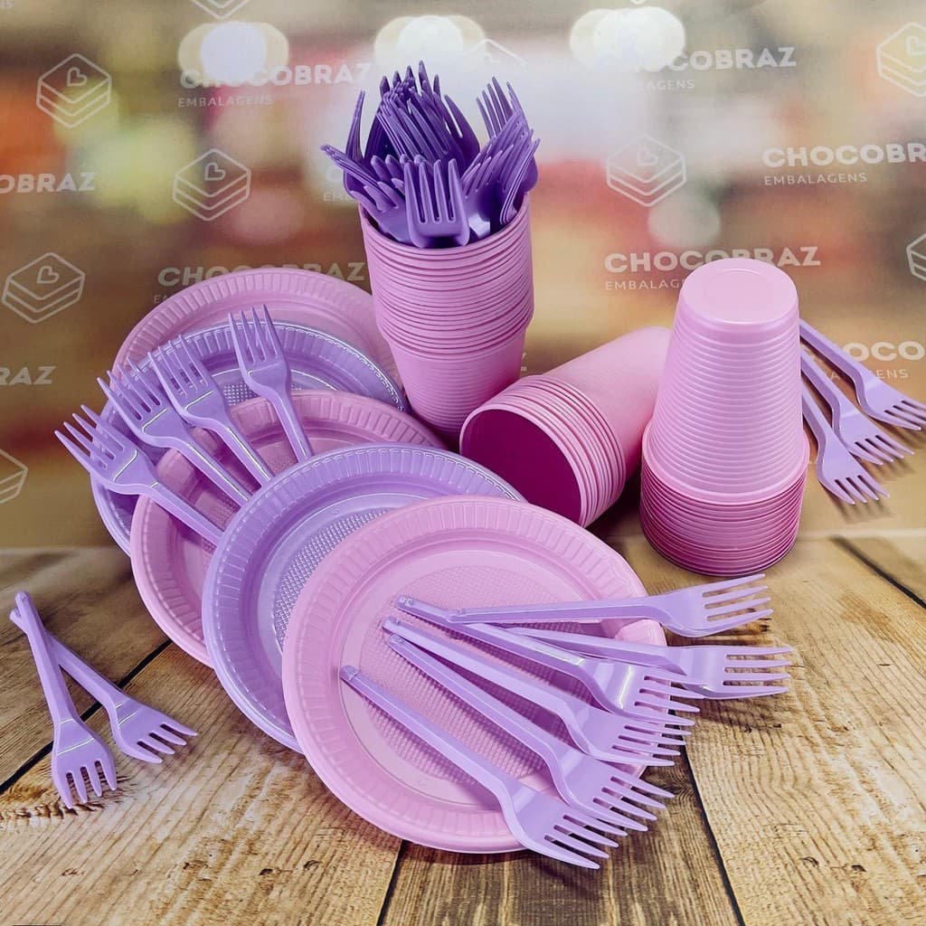 Kit Festa 50 PESSOAS DESCARTAVEIS LILÁS CANDY E ROSA CANDY GARFO + PRATO + COPO