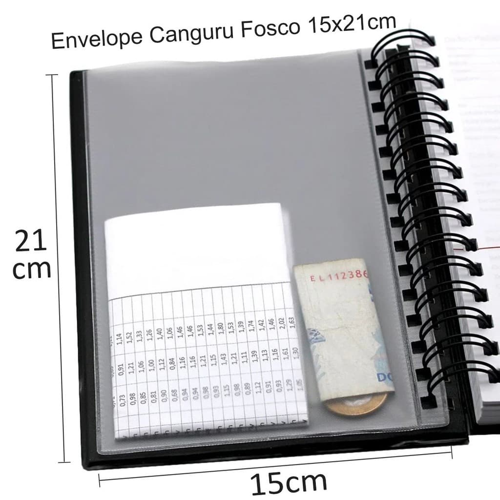 Envelope Canguru 15x21cm para Agendas e Cadernos - PVC Sarja Transparente Fosco - Sem Furos