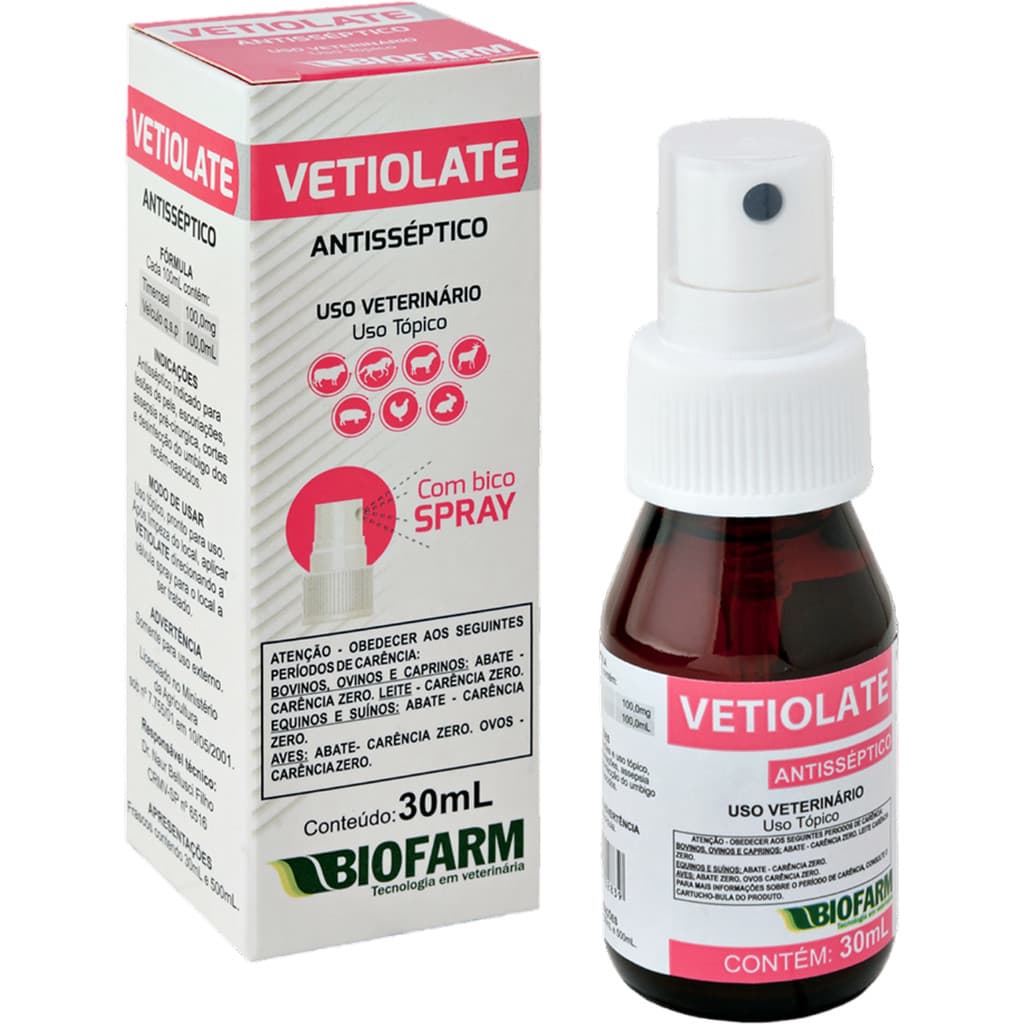 Antisséptico para Lesões de Pele Escoriações Vetiolate para Animais - Biofarm