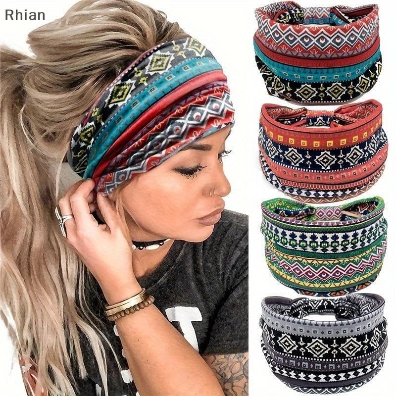[Rhian] Bohemia Grid Mulheres Headpiece Stretch Turban Cabelo Acessórios Headwear Yoga Run Bandage Faixas Largas Headwra