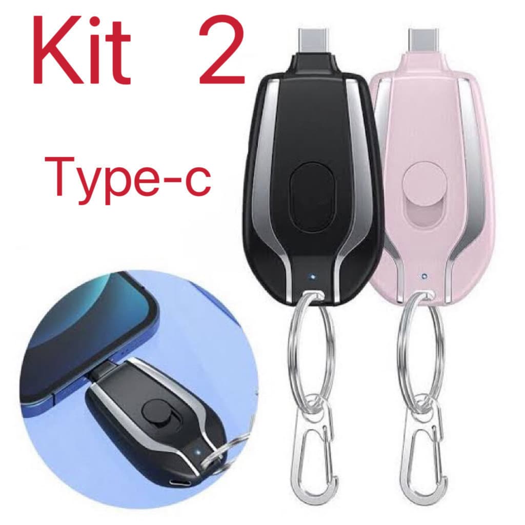 Kit 2 Carregador Porta-chaves Portátil | 1500mAh Ultra Compacto Mini Tipo-c