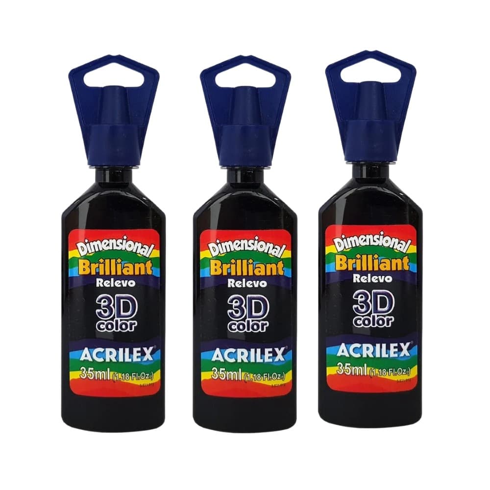Kit C/3 Tintas Dimensional Relevo Brilhante 3d Preto Acrilex