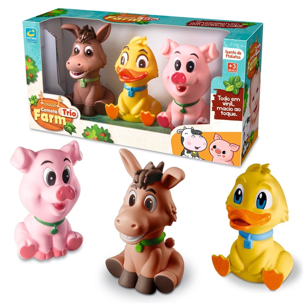 KIt Com 3 Unidades Brinquedo de Apertar para Bebê em Vinil Macio Seguro e Divertido Burro Porco Pato