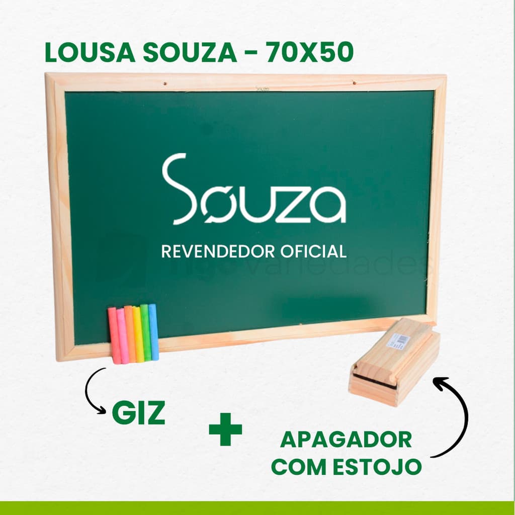 Lousa quadro escolar 70x50 Souza com porta giz apagador e giz